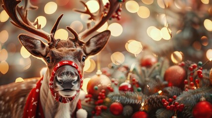 A close-up image of a reindeer wearing a red scarf. Perfect for winter and Christmas themes