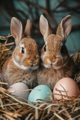 Two rabbits sitting in a nest with eggs. Ideal for Easter-themed designs