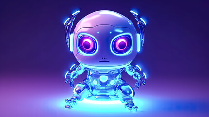 A robot with glowing eyes sits on a table