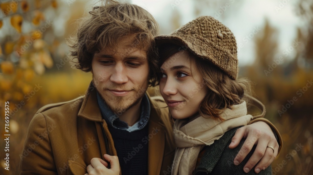 Poster a man and a woman standing next to each other. suitable for various concepts and themes