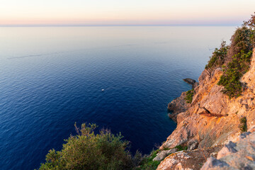Sunset at the beautiful coast bay of Port de Soller, Majorca island, Spain Mediterranean Sea, Balearic Islands