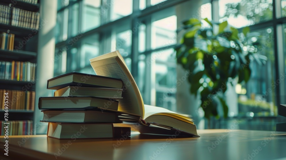 Poster a stack of books on a wooden table, perfect for educational and reading-related projects