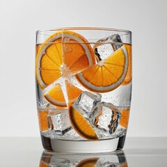 A glass with soda with orange slices and ice cubes 