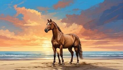 A brown horse standing on top of a sandy beach.