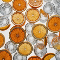Top view on slices of oranges and ice cubes 