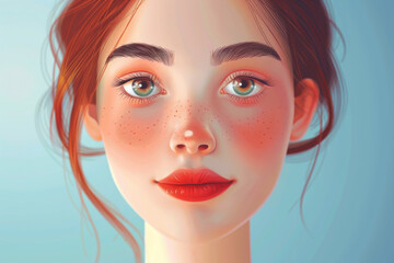 Digital illustration of a young woman with prominent freckles and red lips. - obrazy, fototapety, plakaty