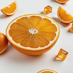 Sliced orange with orange ice cubes