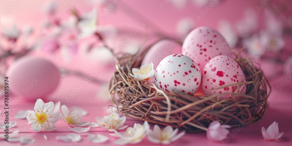 Aufkleber nest with eggs and flowers on pink surface. suitable for spring and easter themed designs