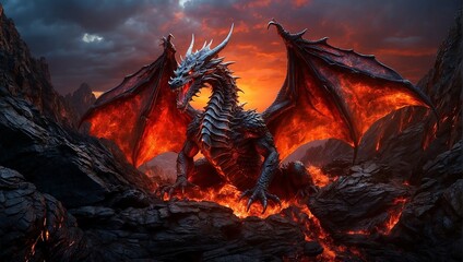 A red dragon with black wings is perched on a rock in front of a mountain range. The dragon is breathing fire.