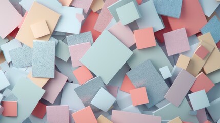 A background filled with overlapping geometric shapes in pastel tones, some with a metallic sheen and others with a soft, matte texture.