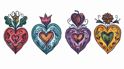 Four Sacred hearts. Set of Traditional Mexican hearts.