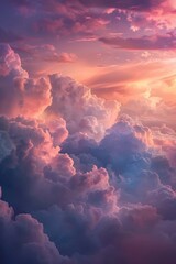 A serene sky with fluffy clouds and a plane flying