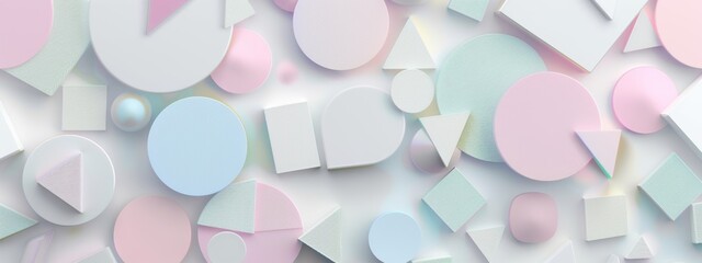 A background filled with overlapping geometric shapes in pastel tones, some with a metallic sheen and others with a soft, matte texture. - obrazy, fototapety, plakaty