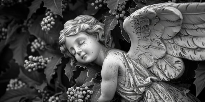 A black and white photo of an angel statue. Perfect for religious and spiritual themes