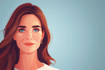 Illustration of a woman with brown hair, blue eyes, and freckles against a light blue background.