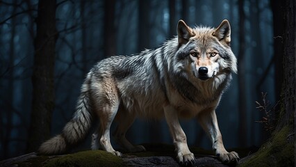 A wolf standing in a dark forest