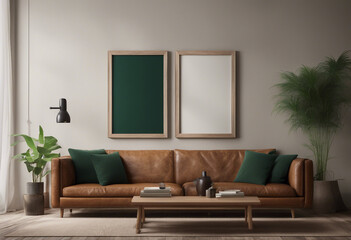 Three vertical wooden frame mockup in dark green home interior with brown leather sofa and decor 3d