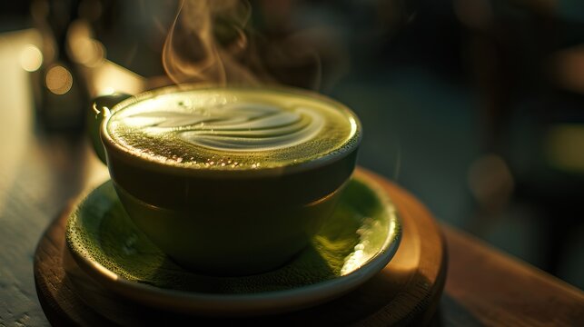 Steaming matcha latte with intricate foam art