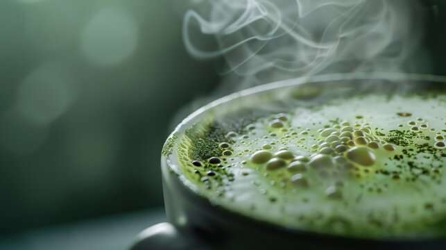 Steaming matcha latte with intricate foam art