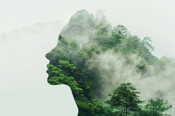 Double exposure, forest nature and profile of woman for abstract, background or concept of conservation. Environment, face and trees with person in composite ecosystem for art, creative or design - obrazy, fototapety, plakaty