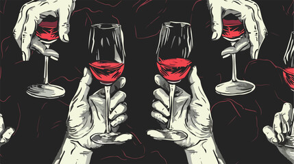 White hands with wine. Black background Hand drawn