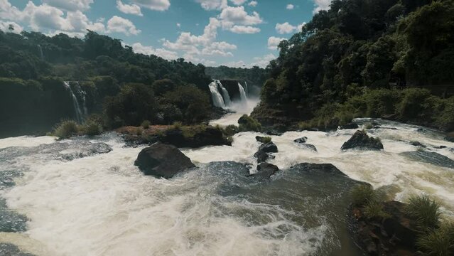 Splashing Waters Of Iguazu River In Argentina - Brazil Border, South America. Slow Motion Shot