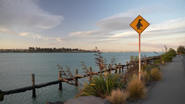 The famous sign on the shore indicating a penguin habitat at Caroline Bay Beach