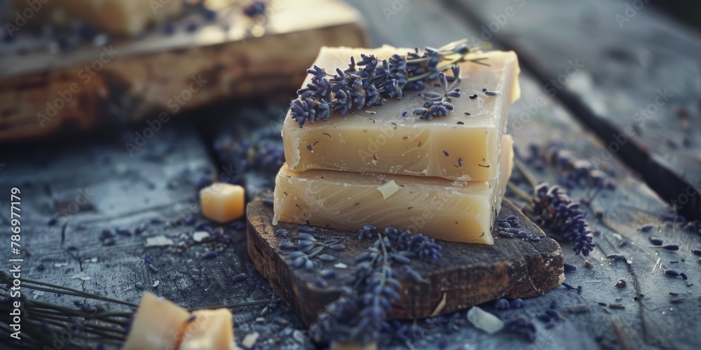 Aufkleber a stack of soap bars on a rustic wooden table. perfect for hygiene or spa concepts