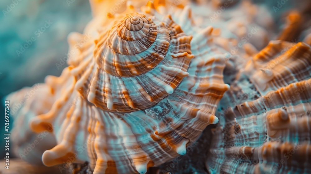 Aufkleber Close up of a sea shell on a table, suitable for various design projects