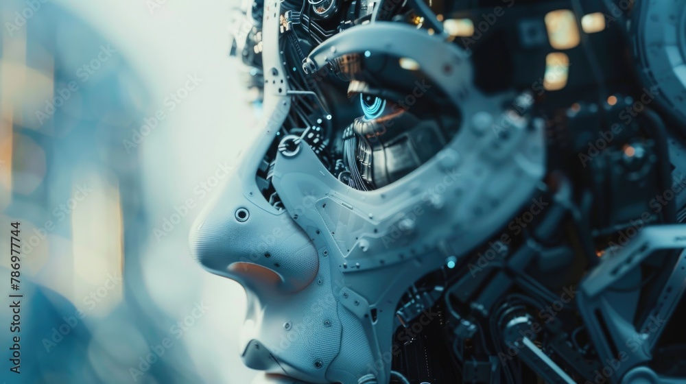 Fototapete close up of a robot's face with a clock in the background. suitable for technology concepts