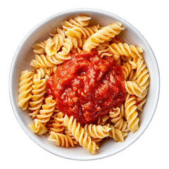 Pasta with tomato sauce in a white bowl isolated on transparent background