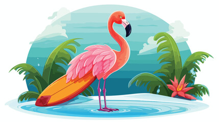 Cute flamingo cartoon carrying a surfboard Vector illustration