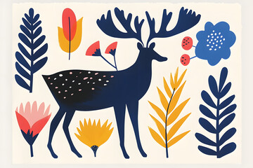 Scandinavian deer folk art illustration on white background