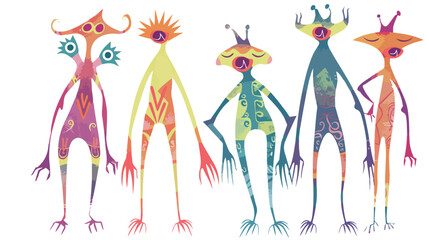 Four strange creatures or People with long arms and sm
