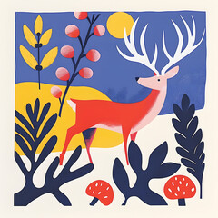 Fototapeta premium Scandinavian deer folk art illustration on white background