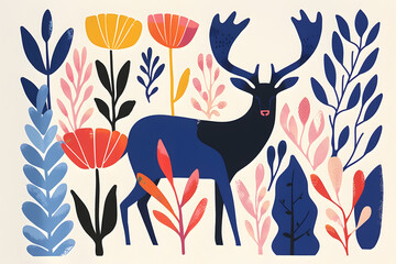 Naklejka premium Scandinavian deer folk art illustration on white background
