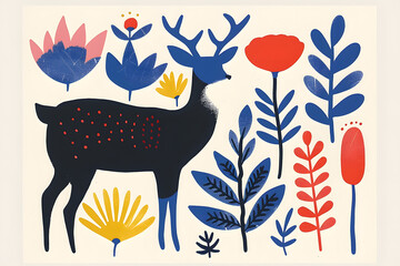 Obraz premium Scandinavian deer folk art illustration on white background