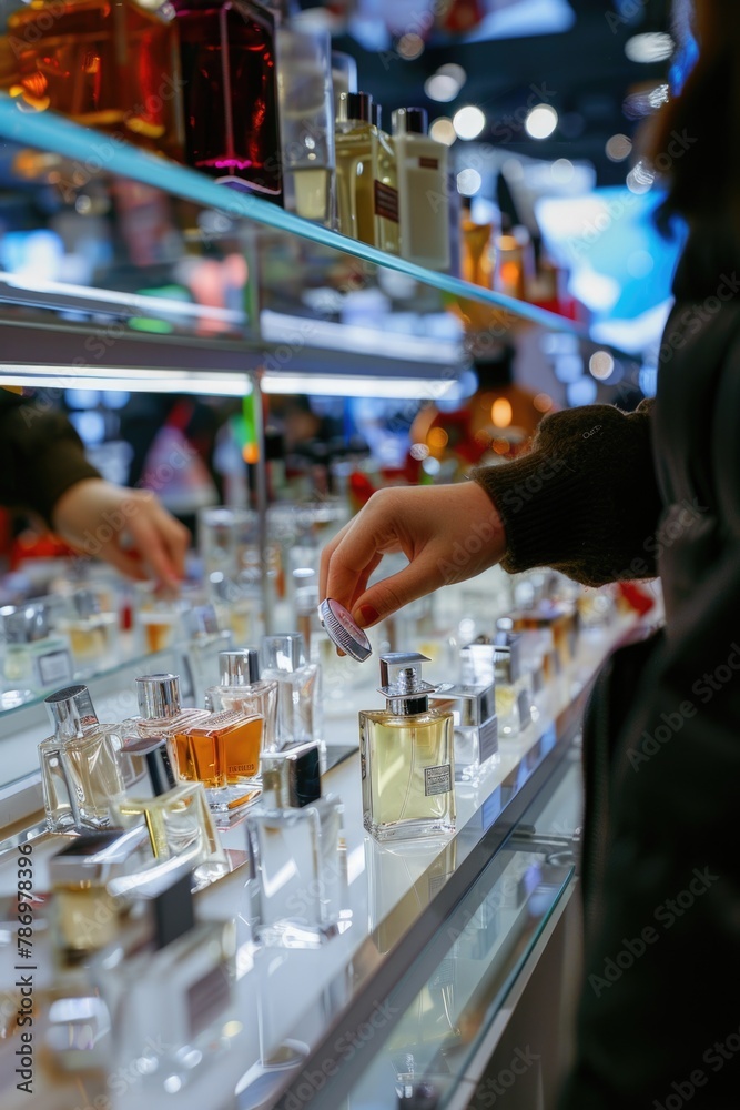 Poster A person standing in front of a display of perfumes. Suitable for advertising and retail concepts