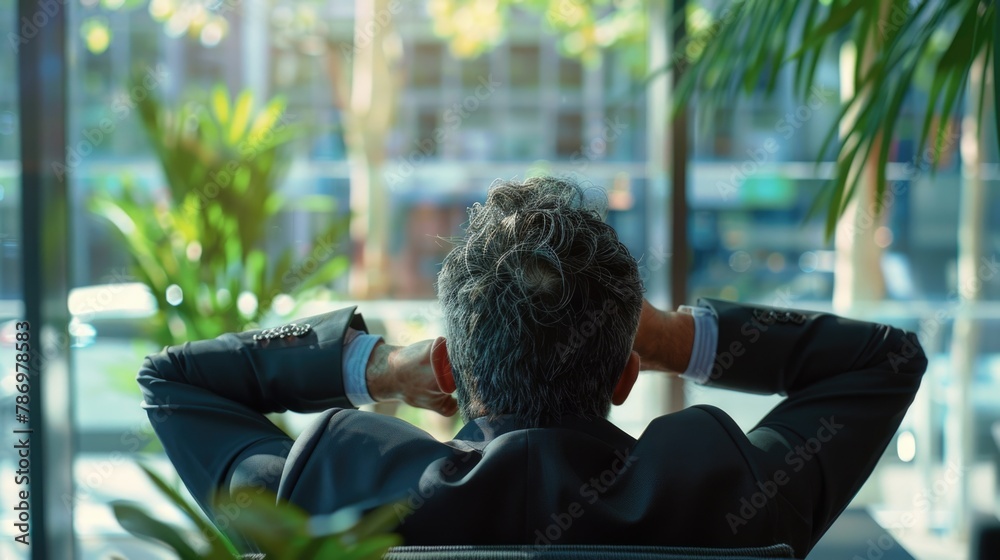 Poster a man sitting in a chair looking out a window. suitable for various business and lifestyle concepts