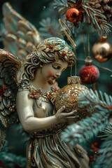 Fototapeta premium A beautiful statue of an angel holding a festive Christmas ornament. Perfect for holiday decorations