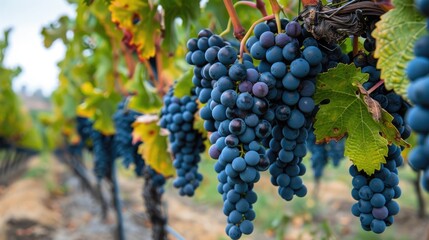 Grapes for winemaking grown on grapevines in a vineyard