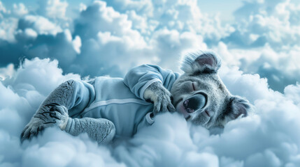 Illustration of a koala wearing a nightgown resting and sleeping soundly on a cloud - obrazy, fototapety, plakaty