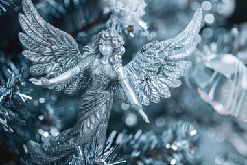 Fototapeta premium Beautiful silver angel ornament hanging on a Christmas tree, perfect for holiday decorations