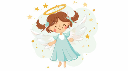 Cute happy angel with halo wings and stars. Magic