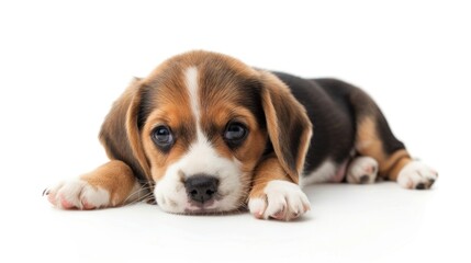 Adorable puppy resting on white background, perfect for pet lovers