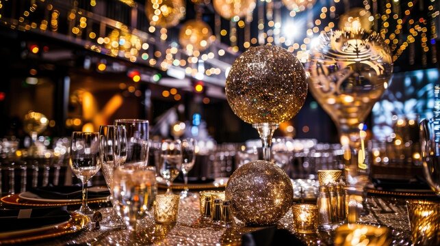 Glittering gold and silver decorations adorning a New Year's Eve party venue