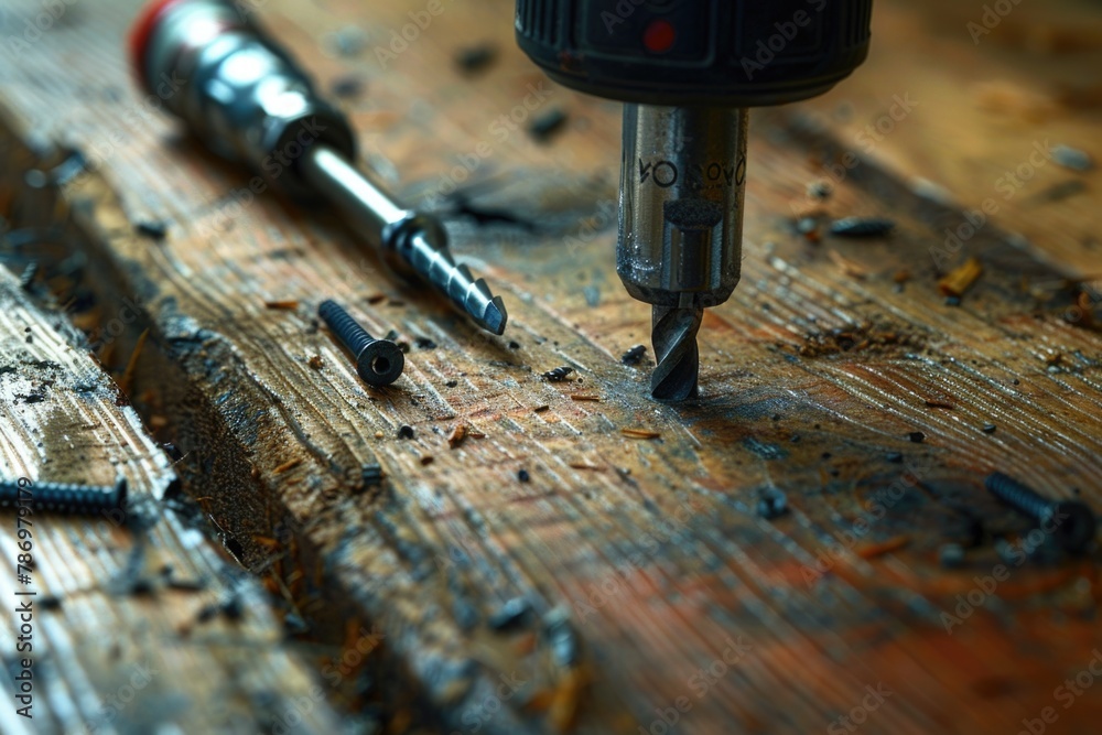 Poster a drill and screws displayed on a wooden table. ideal for diy projects or construction themes