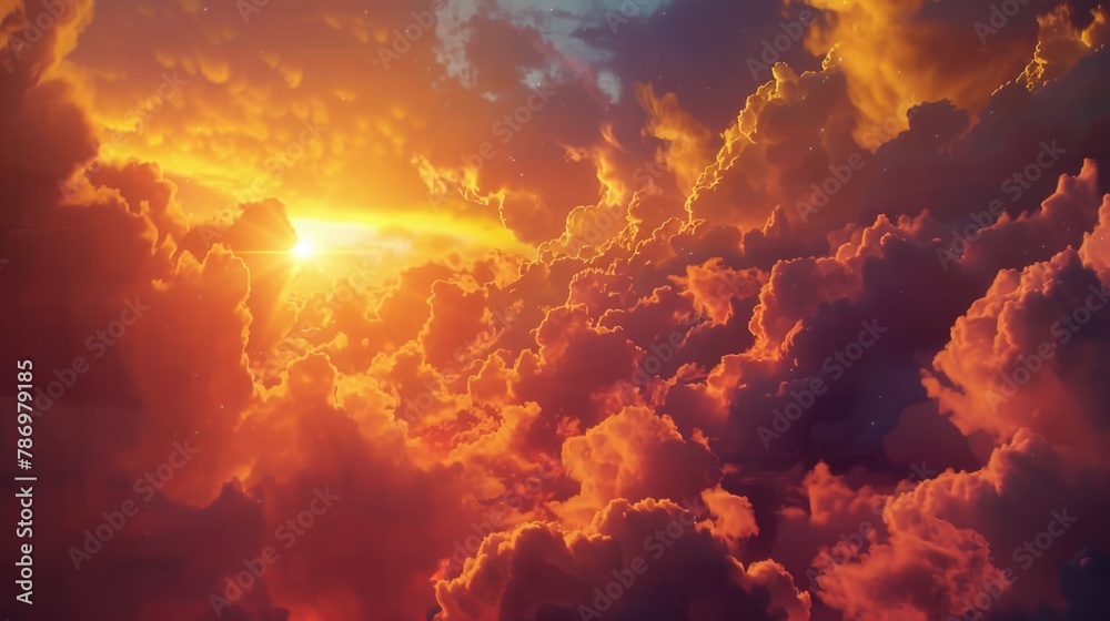 Poster sun shining brightly through clouds, ideal for weather-related projects