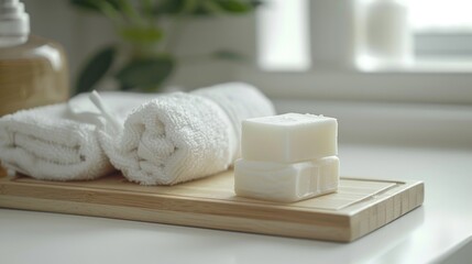 Fototapeta na wymiar White towels and soap neatly arranged on a wooden tray. Perfect for bathroom or spa concepts