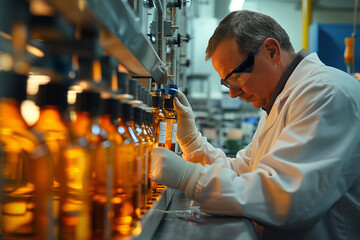 A focused scientist meticulously inspects a row of amber bottles in a pharmaceutical laboratory, ensuring the highest standard of quality
